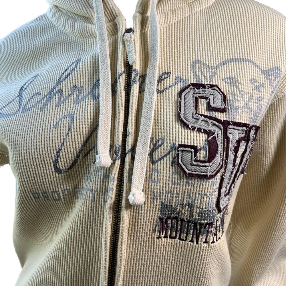 JAmerica Cream ZipUp Drawstring Hood Front Pockets‎ Graphic Print Hoodie Size XS - Picture 3 of 14